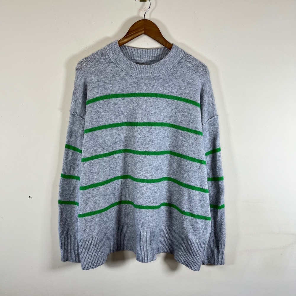 Aerie Oversized Striped Knit Crewneck Sweater Green Gray Exposed Seams Small
